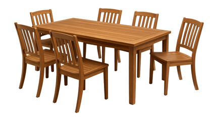 Teak wood dining set with a rectangular table and six chairs, ideal for outdoor spaces.