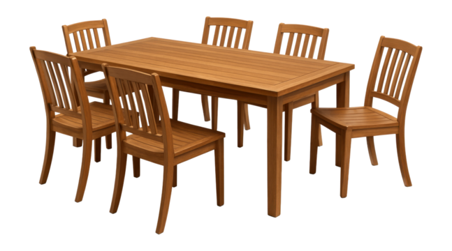 Teak wood dining set with a rectangular table and six chairs, ideal for outdoor spaces.