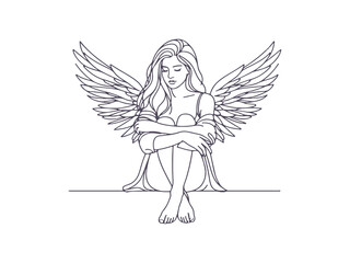 Minimalist Line Art Angel Woman with Wings: Divine Beauty, Freedom, and Celestial Spirit