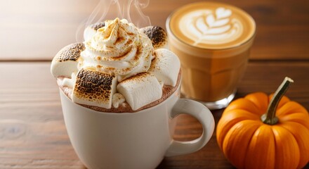 Delicious dessert and coffee drinks including cappuccino with whipped cream, hot milk chocolate, and sweet cream beverage in a cup
