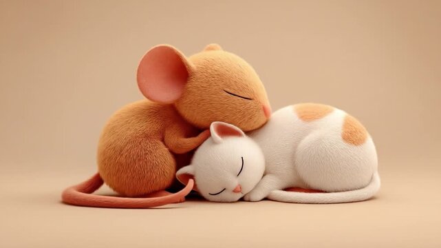 Animated mouse and cat characters sleeping together on beige background