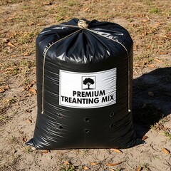 Black Bag of Premium Tree Planting Mix on Ground with Rope Tie.