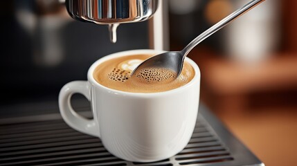 Close-up of Espresso Coffee Being Stirred with Spoon in White Mug on Coffee Machine, Freshly Brewed Aromatic Coffee Drink