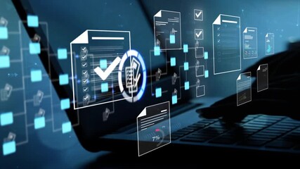 futuristic holographic interface file folder structure documents and data scanning, digital document storage software, cloud computing database, and manage documents, paperless office,ai - Powered by Adobe