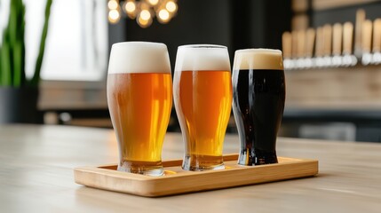 Craft Beer Flight: Three Glasses of Different Beers on Wooden Tray, Featuring Light Lager, Amber Ale, and Dark Stout in a Modern Bar Setting