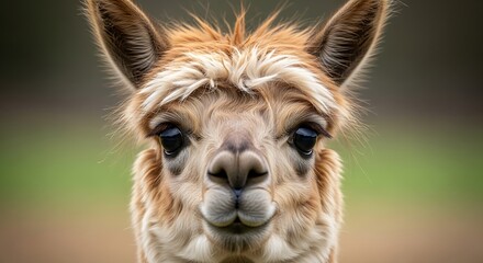 Naklejka premium Close-up Portrait of a Curious Alpaca with Soft Fur.