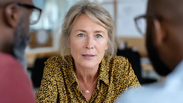 A confident woman shares her thoughts with two listeners, radiating warmth and sincerity, demonstrating the importance of connection in professional and personal discussions.