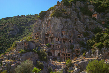 Scenic View of Preserved Lycian Necropolis Embedded in Cliffs at Myra Archaeological Site, Demre