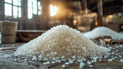 Salt pile at a sea salt farm during golden hour light Generative AI