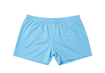 Isolated light blue athletic shorts with elastic waistband for activewear apparel item
