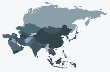 Map of Asia with countries. Just a simple continent border map with country division. Blue grey color palette. Plain Asia shape with administrative division. Vector illustration.