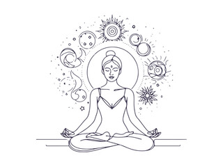 Minimalist Line Art of Woman Meditating in Lotus Pose - Yoga, Mindfulness, and Spiritual Balance Illustration