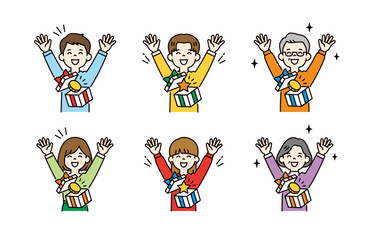 プレゼントが当たって喜ぶ、いろいろな年齢の人物の上半身ベクターイラスト素材セット＿カラー