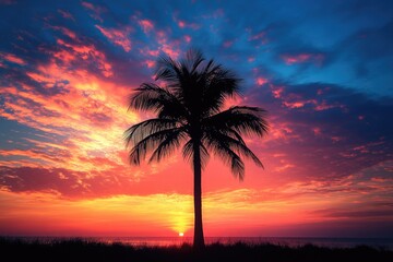 Obraz premium Tropical sunset. Palm tree silhouette against vibrant sky. Fiery orange, red, blue clouds paint serene ocean backdrop. Gorgeous coastal view.