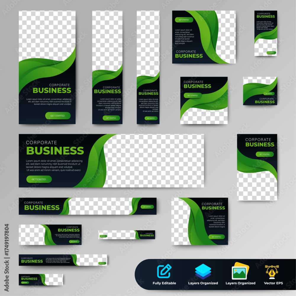 Wall mural business web banner set template design with different format sizes. black and green. vector