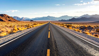 A perspective view of a long, open road disappearing into the distance, framed by desert landscapes and distant mountains under a clear blue sky