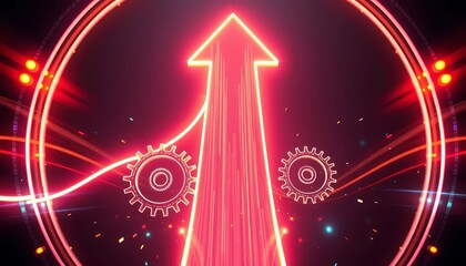 Abstract glowing upward arrow with gear cogs and light streaks,  upgrade,  graphic