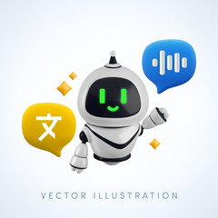 Vector cartoon 3d Automatic language translation chat bot. 3d render robot character, foreign language and voice message speech bubble. Smart translation, localization technology.