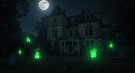 Haunted house with floating green ghost fire at its front garden, under moonlight