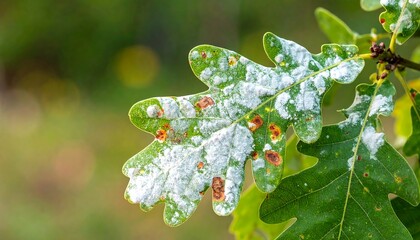 Close-up image of oak leaves showing signs of disease, with white powdery mildew coating parts of the green foliage and brown spots
