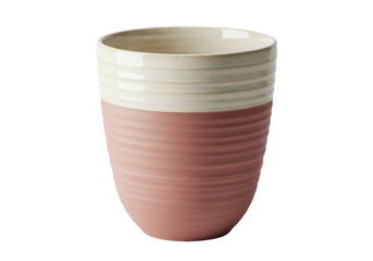 Isolated ceramic pot with pale rose bottom half and upper beige stripes in a clean shot