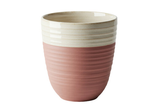 Isolated ceramic pot with pale rose bottom half and upper beige stripes in a clean shot