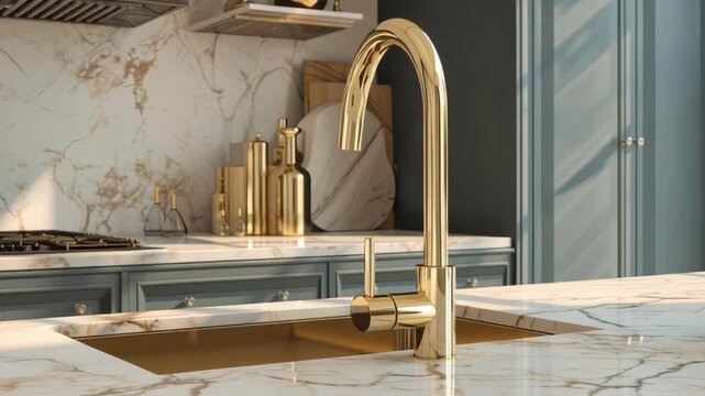 Modern kitchen faucet gold finish marble countertop sink elegant cabinets bright interior