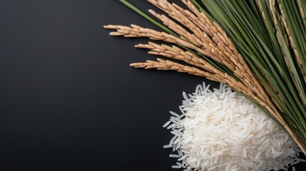White Rice and Rice Stalks on Black Background: Minimalist Composition with Copy Space, Emphasizing Natural Food and Agricultural Concept