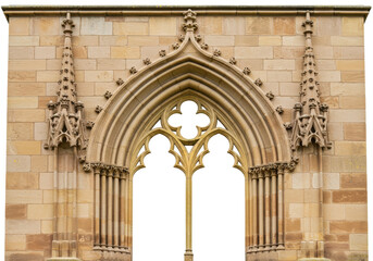 Isolated gothic architectural window, decorated sandstone stonework, ornate exterior view