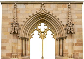 Isolated gothic architectural window, decorated sandstone stonework, ornate exterior view