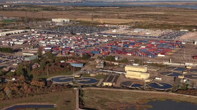 Aerial view towards shipping container storage facility at Tilbury 2 RoRo terminal in Essex