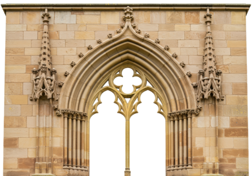 Isolated gothic architectural window, decorated sandstone stonework, ornate exterior view