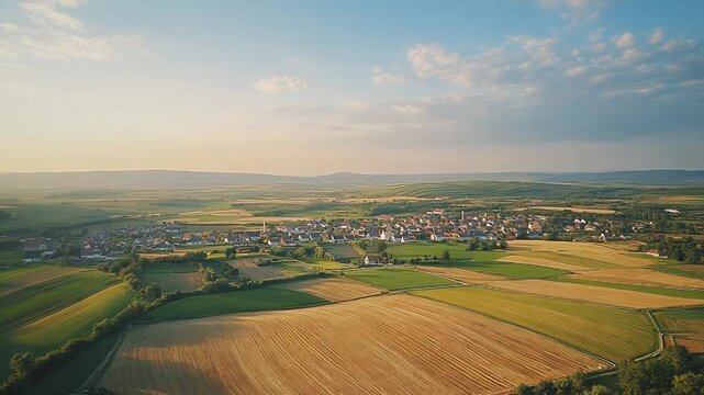 Rural village surrounded by agricultural fields at sunset