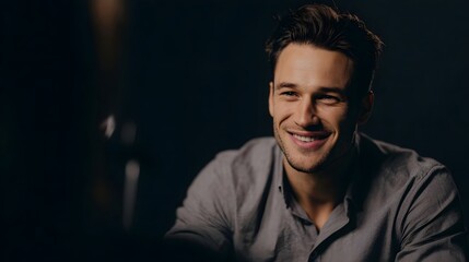 Obraz premium A man smiling confidently in a studio wearing a grey shirt with soft lighting and a dark background