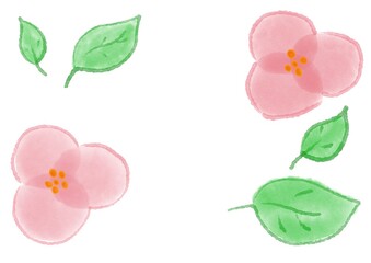 水彩風ピンクの花と緑の葉っぱのイラスト