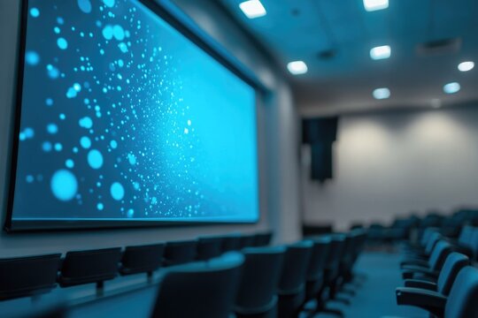 An empty, modern auditorium with dark seating rows faces a large screen displaying an abstract, glowing blue particle graphic, creating a futuristic presentation atmosphere.
