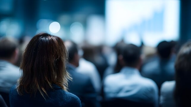 Blurred audience in a conference hall attentively watching a presentation screen displaying a graph