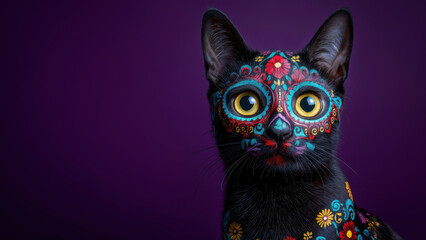 Black cat with colorful Day of the Dead art, created AI