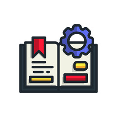 Open Book With Red Bookmark And Blue Gear Cogwheel Representing Online Education And Expansion Of Knowledge With Clean Lines And Vibrant Colors Against A Transparent Background
