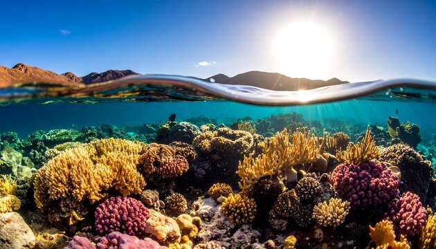 Split-level view of vibrant coral reef, a rich ecosystem teeming with life, and a sunny horizon above the water