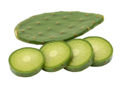 Isolated Nopales, whole prickly pear cactus pad with four sliced pieces, still life composition