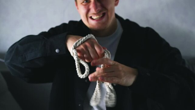 A man tries to break a strong rope with his hands.
A knot in the rope and a strong man who can't break the rope.