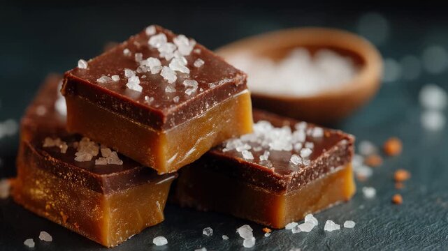 A mouth-watering close-up of rich chocolate fudge, artfully arranged with sea salt sprinkles on top, showcasing the indulgent and delectable experience of sweet treats.