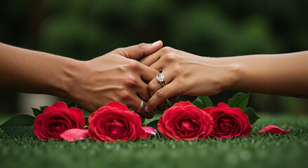 Couples’ hands holding each other with red roses on grass background  