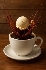 Affogato coffee and vanilla ice cream splashing
