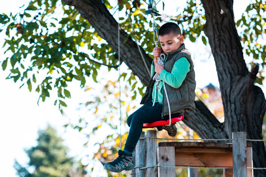 Young boy enjoying zipline adventure in nature park