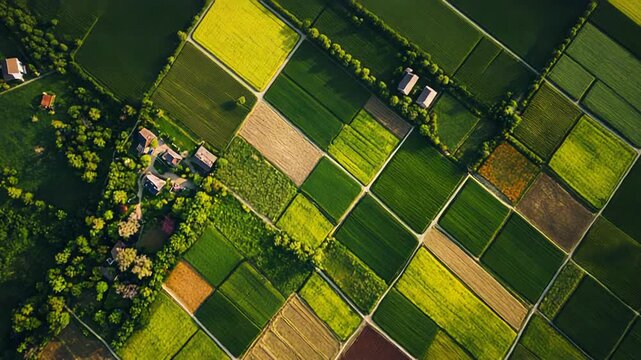 Aerial view showing diverse agricultural farm fields patchwork