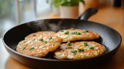 Freshly Cooked Scallion Pancakes in a Pan: Savory Asian Style Pancakes Topped with Green Onions, Ready to Serve, Delicious and Healthy Meal