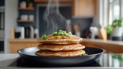 Stack of Hot Scallion Pancakes in a Frying Pan: Freshly Made Savory Pancakes Topped with Green Onions, Delicious and Ready to Eat