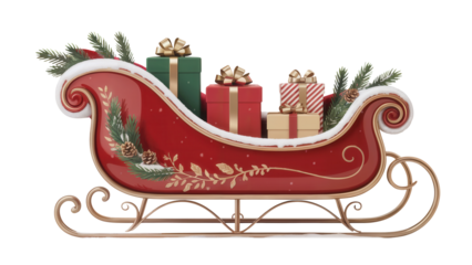 Festive red santa sleigh overflowing with beautifully wrapped christmas presents and green pine branches isolated on transparent background